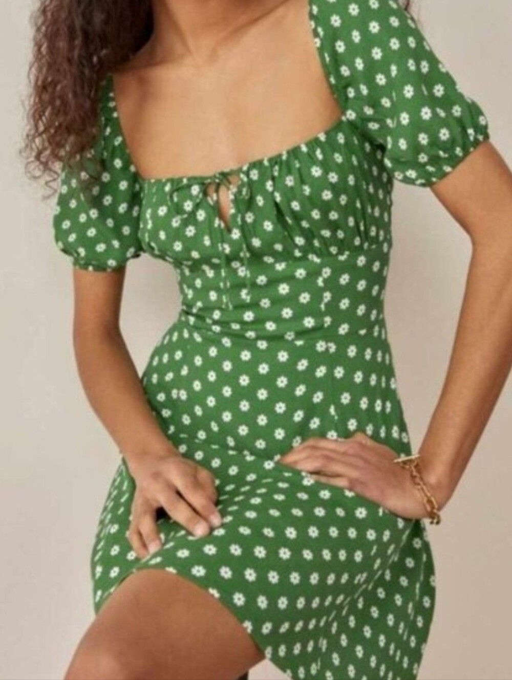 Reformation Green Daisy Puff-Sleeve Mini Corbin Dress In Hannah - Picture 3 of 6